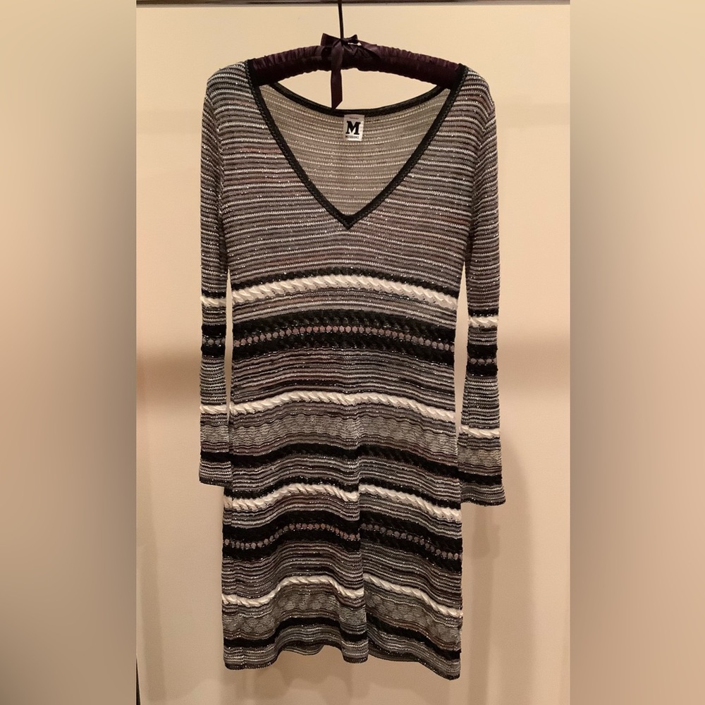M Missoni Long Sleeve Dress Black/Pink Metallic Striped Knit Dress Size 40